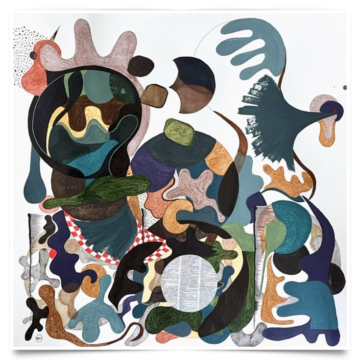 Wenn der Hahn kräht, 2026 | 70 x 70 cm | Mixed media on paper | Price on request